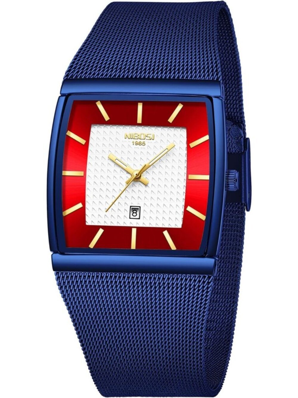 Nibosi Men's Blue Red Square Analog Quartz Stainless Mesh Strap Waterproof Watch